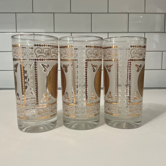 Set of 3 VTG Mid-Century Hazel Atlas Frosted Aztec Gold Medallion Highball Glass - Picture 5 of 7